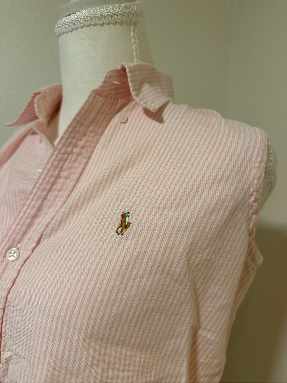 Ralph Lauren Pink and White Striped Button-Down Sleeveless Collared Pony Shirt - Picture 4 of 7